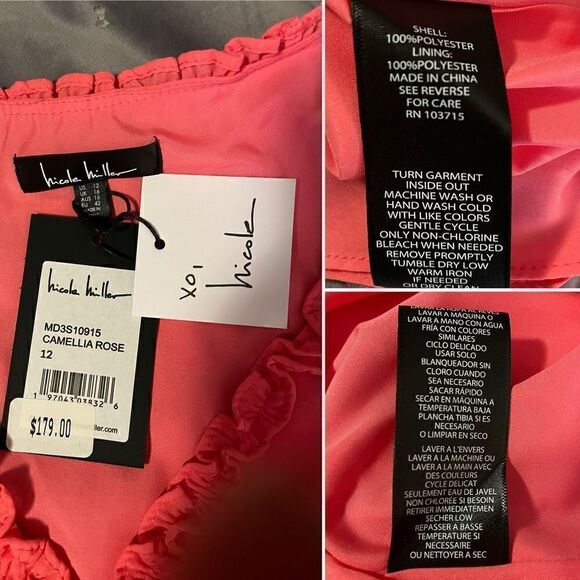 Nicole Miller Ruffle Cold Shoulder Long Sleeve Dress Coral Camellia Rose 12 NWT - Picture 9 of 10
